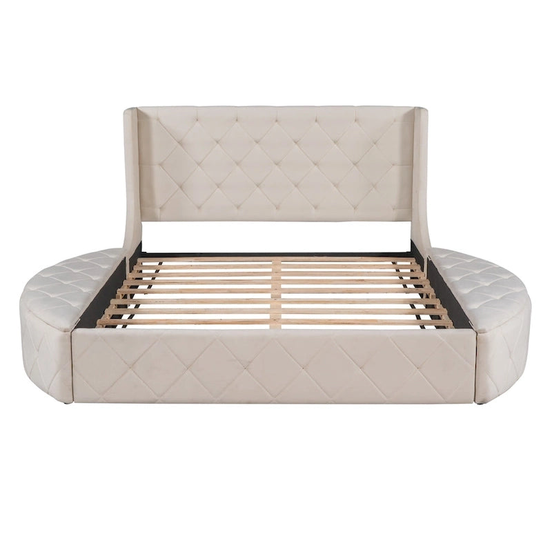 Lit plateforme capitonné Queen Size en velours avec rangement, tête de lit à oreilles, 1 grand tiroir et 2 tabourets de rangement latéraux (beige)