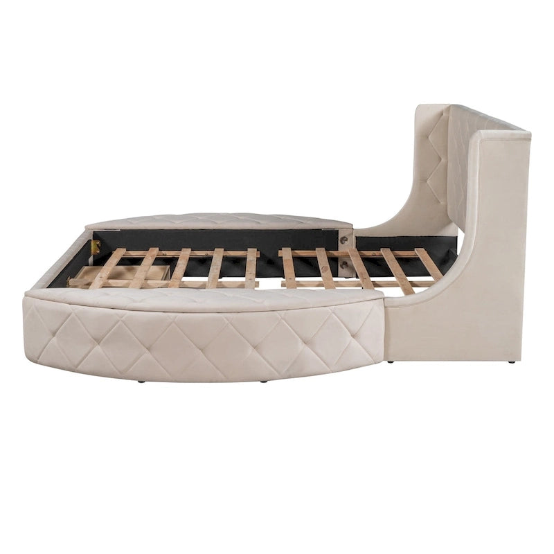 Lit plateforme capitonné Queen Size en velours avec rangement, tête de lit à oreilles, 1 grand tiroir et 2 tabourets de rangement latéraux (beige)