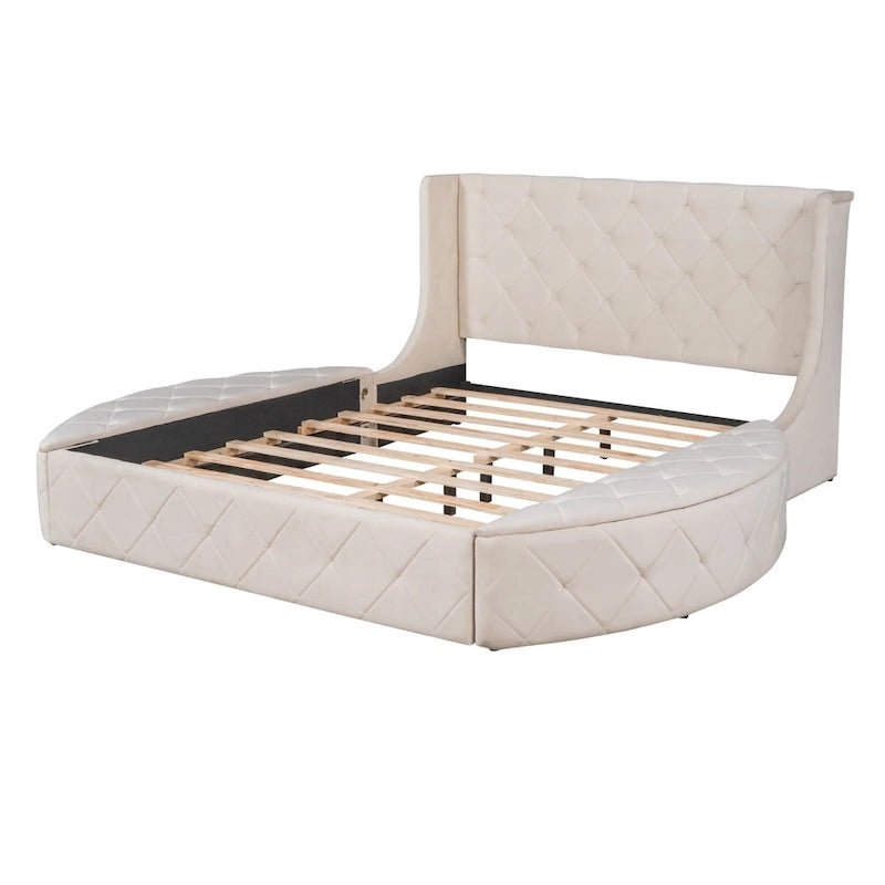 Lit plateforme capitonné Queen Size en velours avec rangement, tête de lit à oreilles, 1 grand tiroir et 2 tabourets de rangement latéraux (beige)