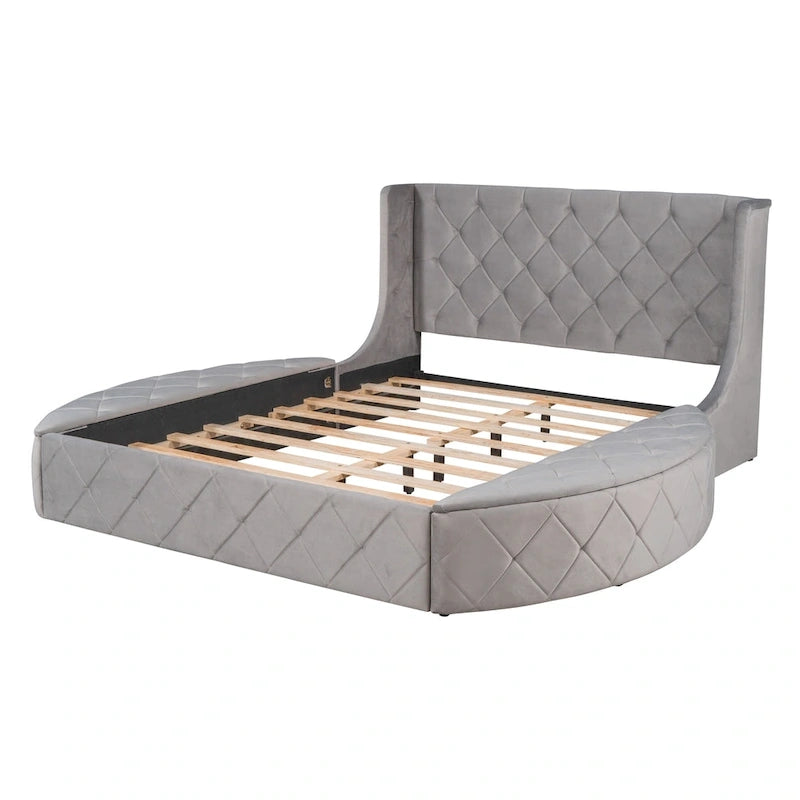 Lit plateforme capitonné Queen Size en velours avec rangement, tête de lit à oreilles, 1 grand tiroir et 2 tabourets de rangement latéraux (beige)