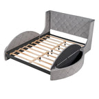 Lit plateforme capitonné Queen Size en velours avec rangement, tête de lit à oreilles, 1 grand tiroir et 2 tabourets de rangement latéraux (beige)