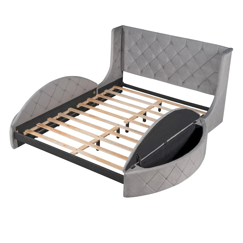 Lit plateforme capitonné Queen Size en velours avec rangement, tête de lit à oreilles, 1 grand tiroir et 2 tabourets de rangement latéraux (beige)