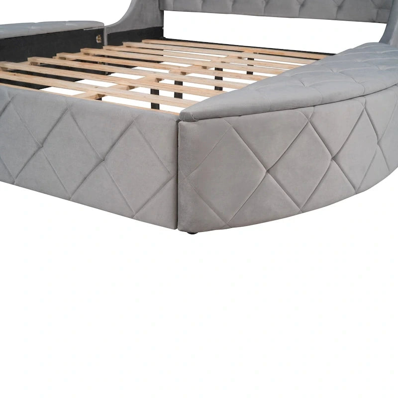 Lit plateforme capitonné Queen Size en velours avec rangement, tête de lit à oreilles, 1 grand tiroir et 2 tabourets de rangement latéraux (beige)