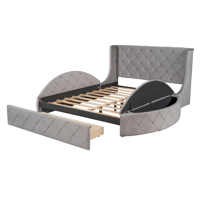 Lit plateforme capitonné Queen Size en velours avec rangement, tête de lit à oreilles, 1 grand tiroir et 2 tabourets de rangement latéraux (beige)
