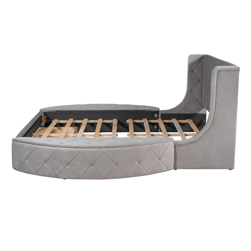 Lit plateforme capitonné Queen Size en velours avec rangement, tête de lit à oreilles, 1 grand tiroir et 2 tabourets de rangement latéraux (beige)