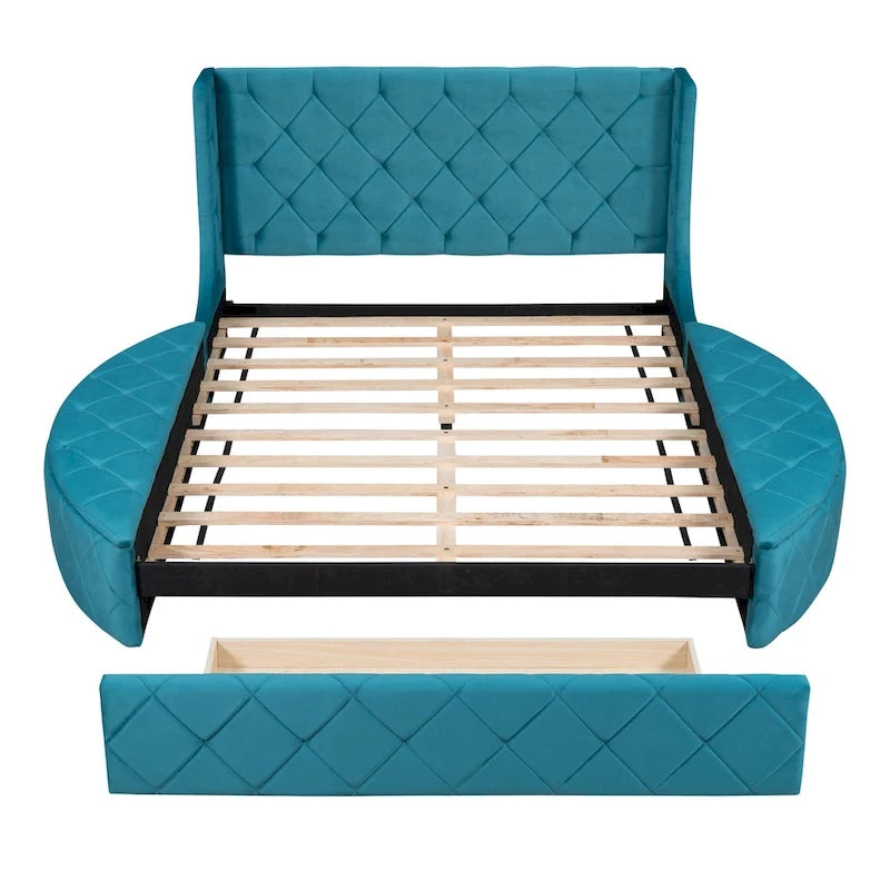 Lit plateforme capitonné Queen Size en velours avec rangement, tête de lit à oreilles, 1 grand tiroir et 2 tabourets de rangement latéraux (beige)