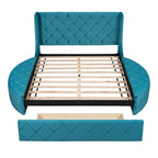 Lit plateforme capitonné Queen Size en velours avec rangement, tête de lit à oreilles, 1 grand tiroir et 2 tabourets de rangement latéraux (beige)