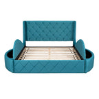 Lit plateforme capitonné Queen Size en velours avec rangement, tête de lit à oreilles, 1 grand tiroir et 2 tabourets de rangement latéraux (beige)