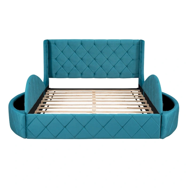 Lit plateforme capitonné Queen Size en velours avec rangement, tête de lit à oreilles, 1 grand tiroir et 2 tabourets de rangement latéraux (beige)