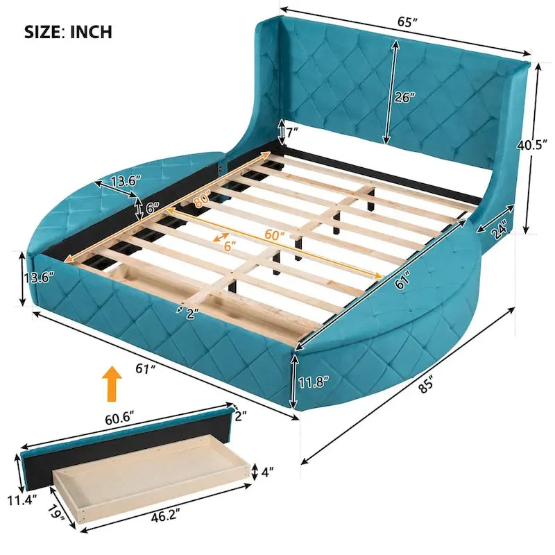 Lit plateforme capitonné Queen Size en velours avec rangement, tête de lit à oreilles, 1 grand tiroir et 2 tabourets de rangement latéraux (beige)