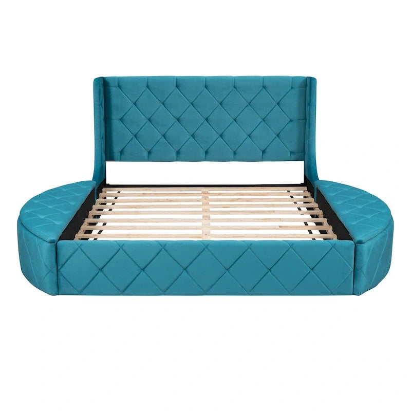 Lit plateforme capitonné Queen Size en velours avec rangement, tête de lit à oreilles, 1 grand tiroir et 2 tabourets de rangement latéraux (beige)