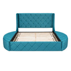 Lit plateforme capitonné Queen Size en velours avec rangement, tête de lit à oreilles, 1 grand tiroir et 2 tabourets de rangement latéraux (beige)