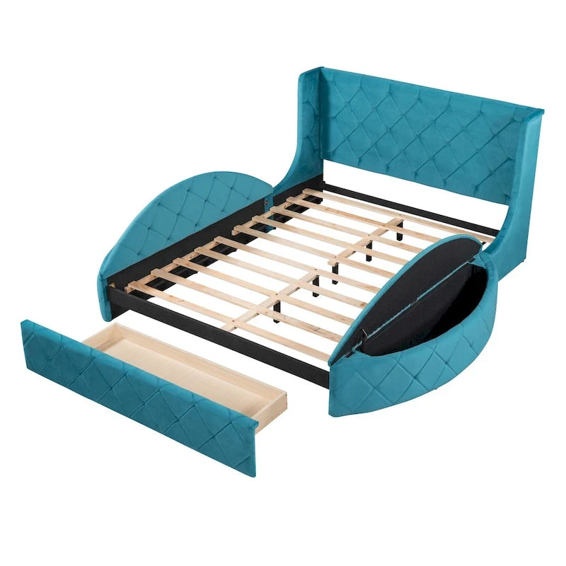 Lit plateforme capitonné Queen Size en velours avec rangement, tête de lit à oreilles, 1 grand tiroir et 2 tabourets de rangement latéraux (beige)