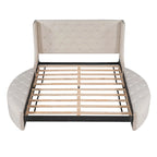Lit plateforme capitonné Queen Size en velours avec rangement, tête de lit à oreilles, 1 grand tiroir et 2 tabourets de rangement latéraux (beige)