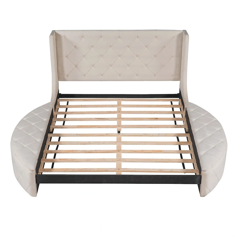 Lit plateforme capitonné Queen Size en velours avec rangement, tête de lit à oreilles, 1 grand tiroir et 2 tabourets de rangement latéraux (beige)