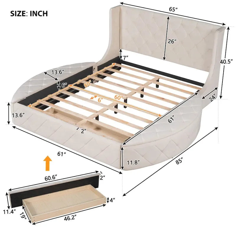 Lit plateforme capitonné Queen Size en velours avec rangement, tête de lit à oreilles, 1 grand tiroir et 2 tabourets de rangement latéraux (beige)