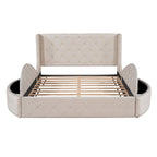 Lit plateforme capitonné Queen Size en velours avec rangement, tête de lit à oreilles, 1 grand tiroir et 2 tabourets de rangement latéraux (beige)