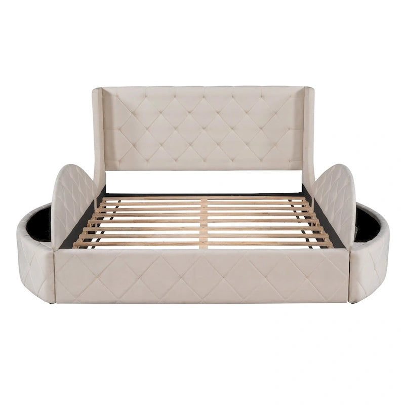 Lit plateforme capitonné Queen Size en velours avec rangement, tête de lit à oreilles, 1 grand tiroir et 2 tabourets de rangement latéraux (beige)