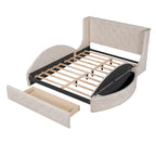 Lit plateforme capitonné Queen Size en velours avec rangement, tête de lit à oreilles, 1 grand tiroir et 2 tabourets de rangement latéraux (beige)