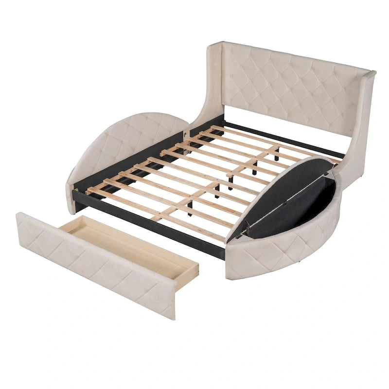 Lit plateforme capitonné Queen Size en velours avec rangement, tête de lit à oreilles, 1 grand tiroir et 2 tabourets de rangement latéraux (beige)