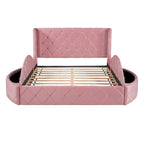 Lit plateforme capitonné Queen Size en velours avec rangement, tête de lit à oreilles, 1 grand tiroir et 2 tabourets de rangement latéraux (beige)