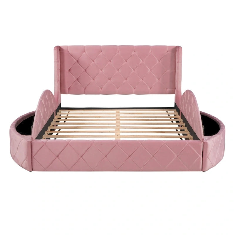 Lit plateforme capitonné Queen Size en velours avec rangement, tête de lit à oreilles, 1 grand tiroir et 2 tabourets de rangement latéraux (beige)