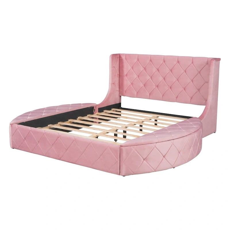 Lit plateforme capitonné Queen Size en velours avec rangement, tête de lit à oreilles, 1 grand tiroir et 2 tabourets de rangement latéraux (beige)
