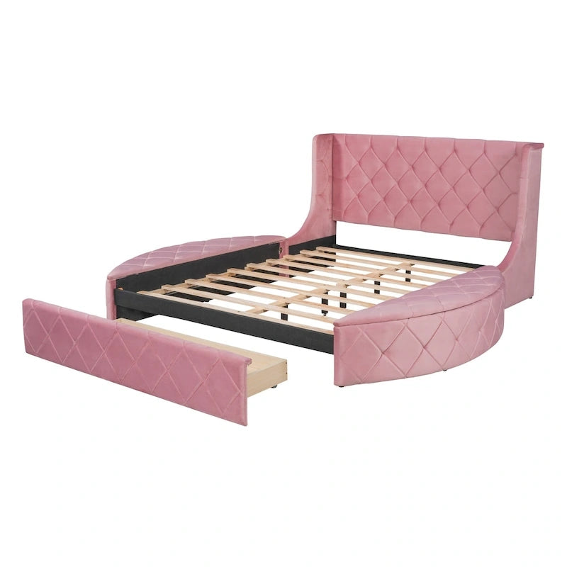 Lit plateforme capitonné Queen Size en velours avec rangement, tête de lit à oreilles, 1 grand tiroir et 2 tabourets de rangement latéraux (beige)