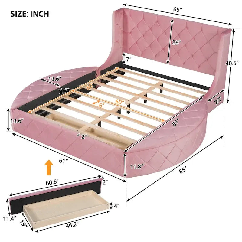 Lit plateforme capitonné Queen Size en velours avec rangement, tête de lit à oreilles, 1 grand tiroir et 2 tabourets de rangement latéraux (beige)