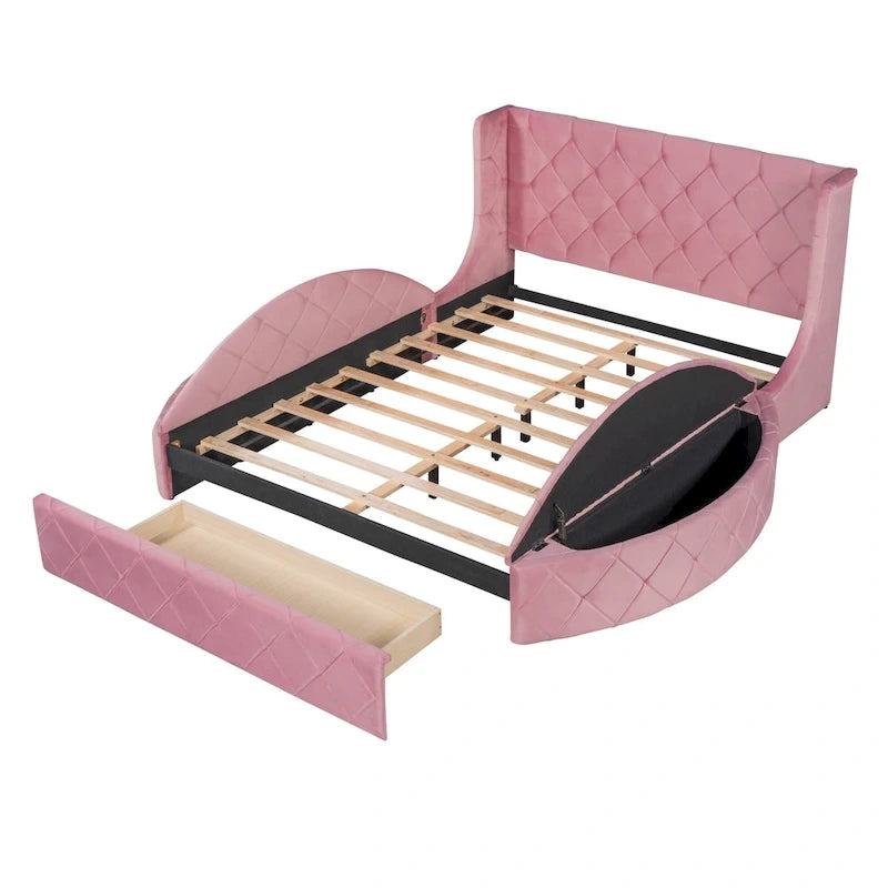 Lit plateforme capitonné Queen Size en velours avec rangement, tête de lit à oreilles, 1 grand tiroir et 2 tabourets de rangement latéraux (beige)