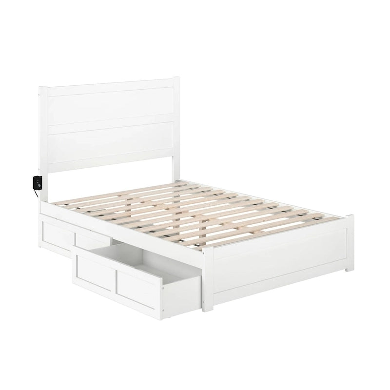 Lit double NoHo avec pied de lit et 2 tiroirs, blanc