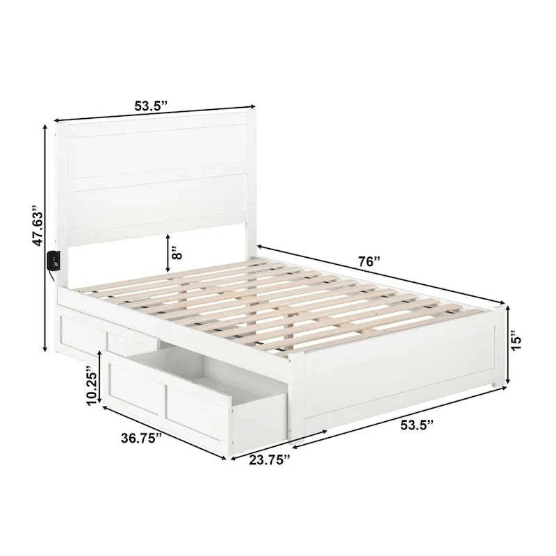 Lit double NoHo avec pied de lit et 2 tiroirs, blanc