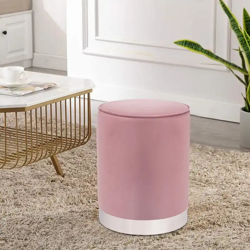 Pouf ottoman rond capitonné en velours Adeco, finitions argentées