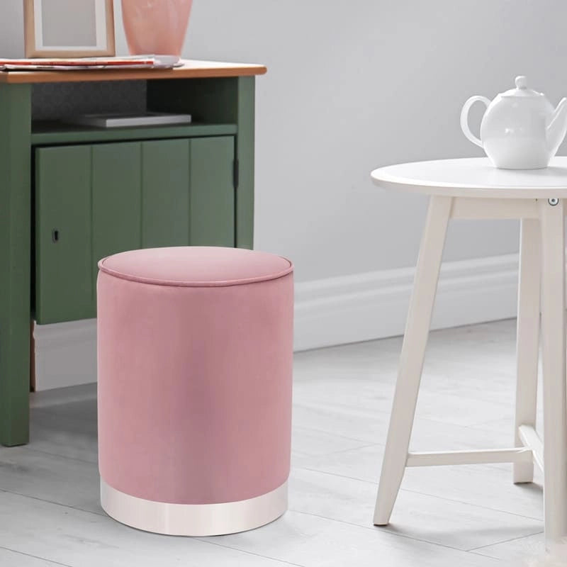 Pouf ottoman rond capitonné en velours Adeco, finitions argentées