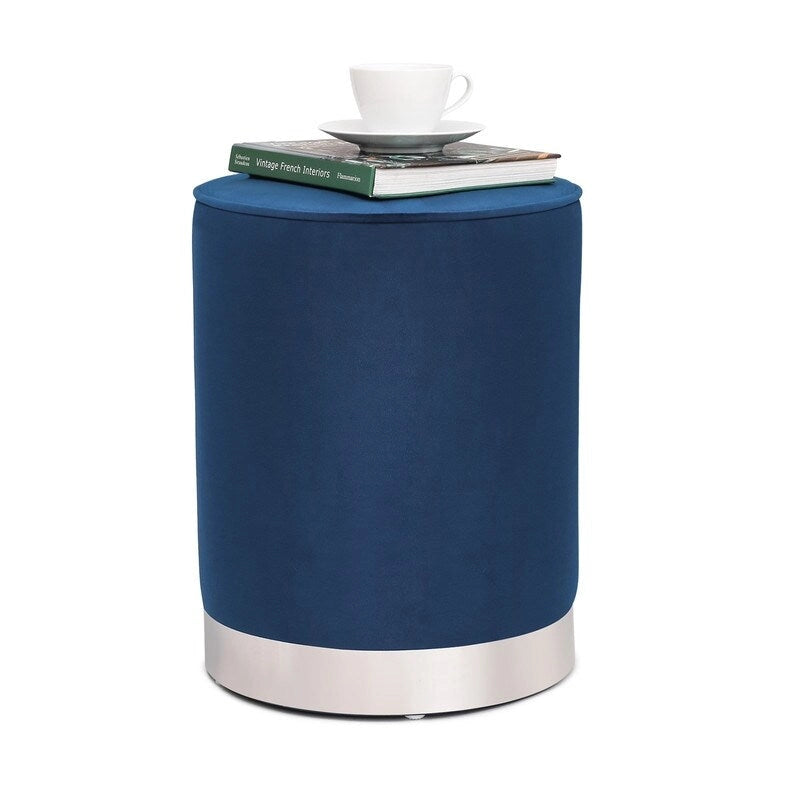 Pouf ottoman rond capitonné en velours Adeco, finitions argentées