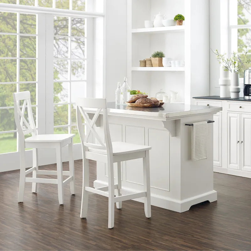 Îlot de cuisine Crosley Julia avec plateau en acier inoxydable et tabourets à dossier croisé - 50 cm (L) x 60 cm (P) x 41 cm (H)