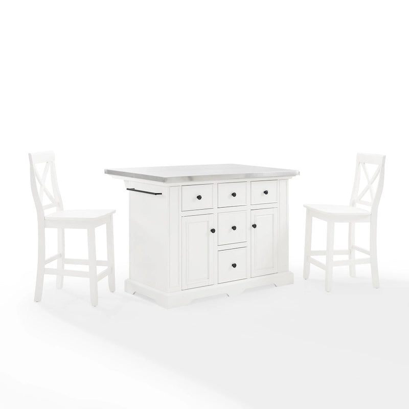 Îlot de cuisine Crosley Julia avec plateau en acier inoxydable et tabourets à dossier croisé - 50 cm (L) x 60 cm (P) x 41 cm (H)
