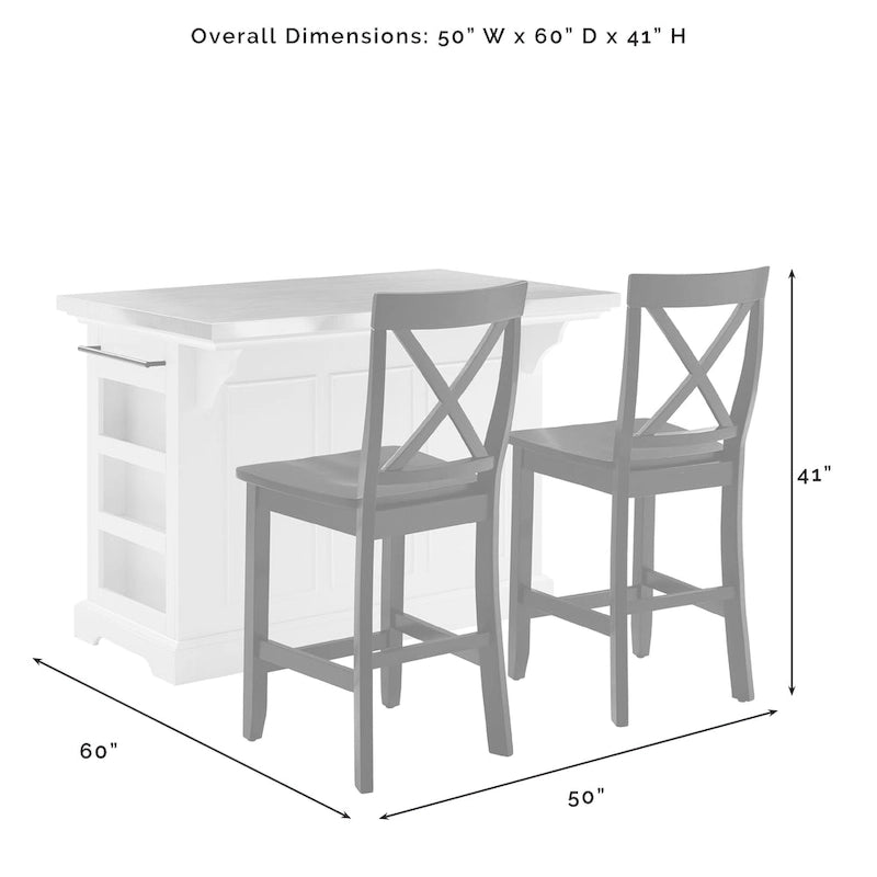Îlot de cuisine Crosley Julia avec plateau en acier inoxydable et tabourets à dossier croisé - 50 cm (L) x 60 cm (P) x 41 cm (H)