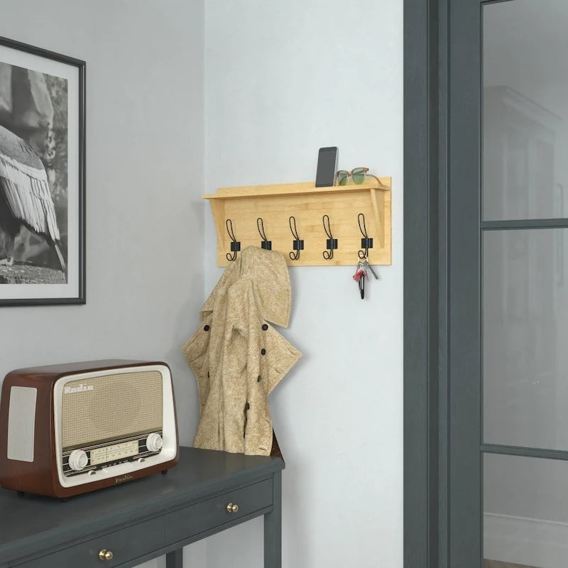Étagère murale de rangement avec étagère supérieure et crochets de rangement