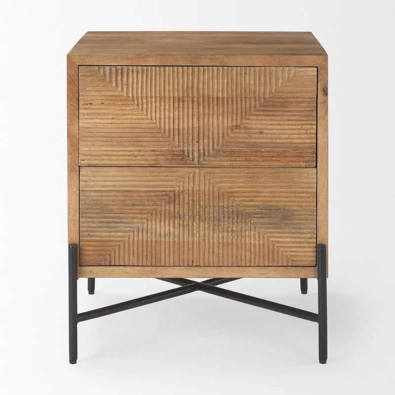 Table d'appoint Cairo en bois massif brun clair avec structure en fer noir et 2 tiroirs - 56 cm (L) x 56 cm (l) x 66 cm (H)