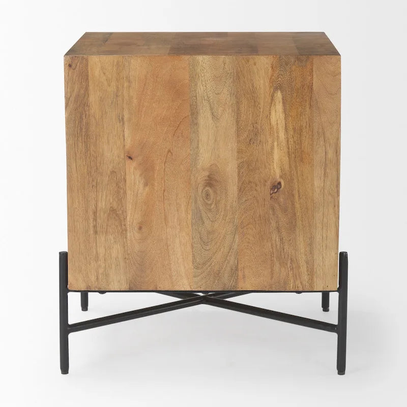 Table d'appoint Cairo en bois massif brun clair avec structure en fer noir et 2 tiroirs - 56 cm (L) x 56 cm (l) x 66 cm (H)