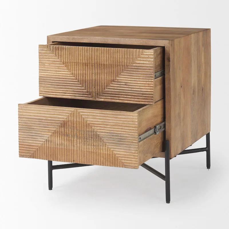 Table d'appoint Cairo en bois massif brun clair avec structure en fer noir et 2 tiroirs - 56 cm (L) x 56 cm (l) x 66 cm (H)