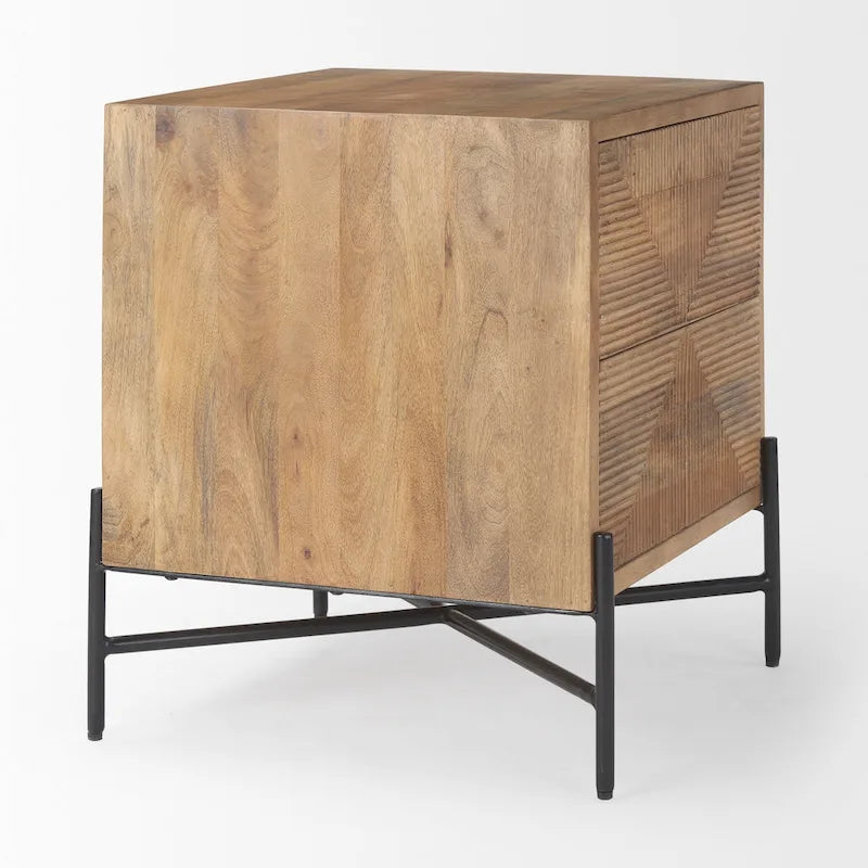 Table d'appoint Cairo en bois massif brun clair avec structure en fer noir et 2 tiroirs - 56 cm (L) x 56 cm (l) x 66 cm (H)