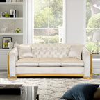 Ensemble canapé Chesterfield de luxe en velours beige, 213 cm (84 pouces), capitonné, 3 places, finitions en acier inoxydable doré, pour salon.