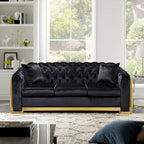 Ensemble canapé Chesterfield de luxe en velours beige, 213 cm (84 pouces), capitonné, 3 places, finitions en acier inoxydable doré, pour salon.
