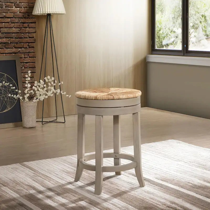 Tabouret de bar gris et beige de 61 cm avec assise pivotante en jonc