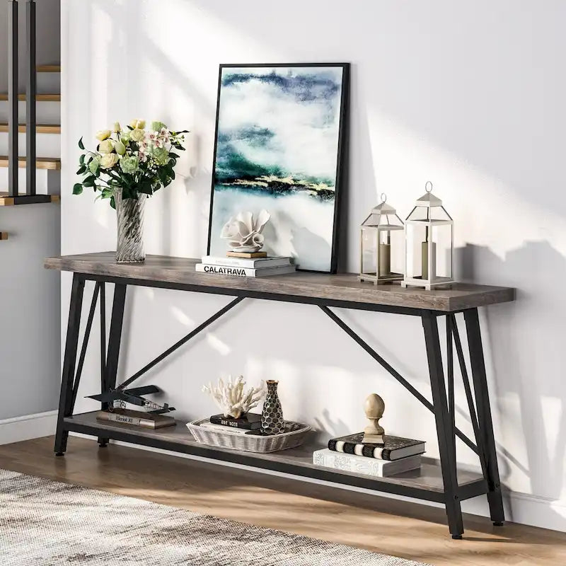 Console/table basse industrielle en bois pour entrée/couloir