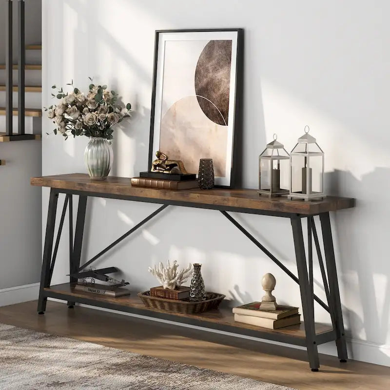 Console/table basse industrielle en bois pour entrée/couloir