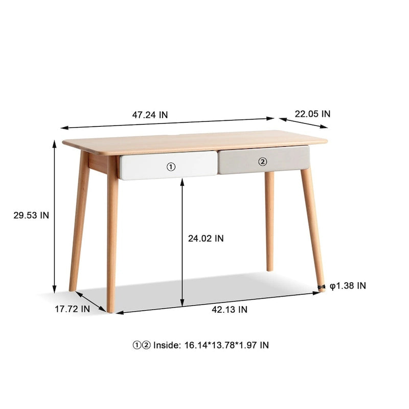 Bureau d'ordinateur en bois massif de 47 pouces avec 2 tiroirs pour bureau à domicile
