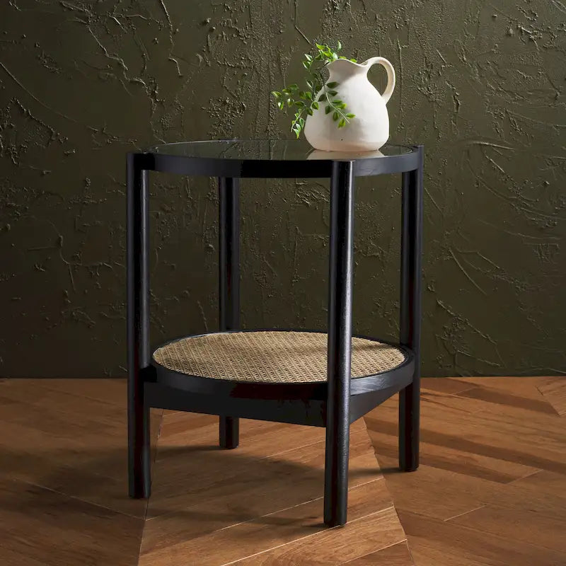 Table d'appoint SAFAVIEH Couture Alberdine en rotin et verre - 58,4 cm L x 58,4 cm P x 61 cm H